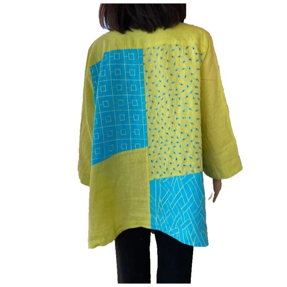 Ali Miles Vintage Turquoise & Lime Linen Lagenlook Shacket Jacket Top Size 1X